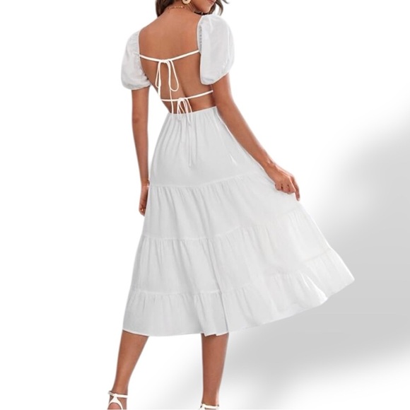 White Flowy Sweetheart Neck Puff Sleeve Dress - Picture 2 of 14